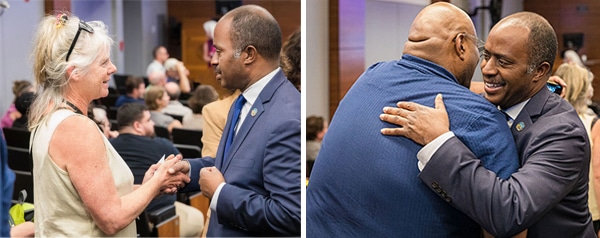 State Superintendent of Public Instruction Tony Thurmond meets with teachers after delivering the closing remarks at the second annual Summer Institute.