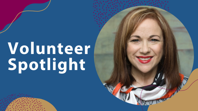 "Volunteer Spotlight" text over a portrait of a smiling woman.