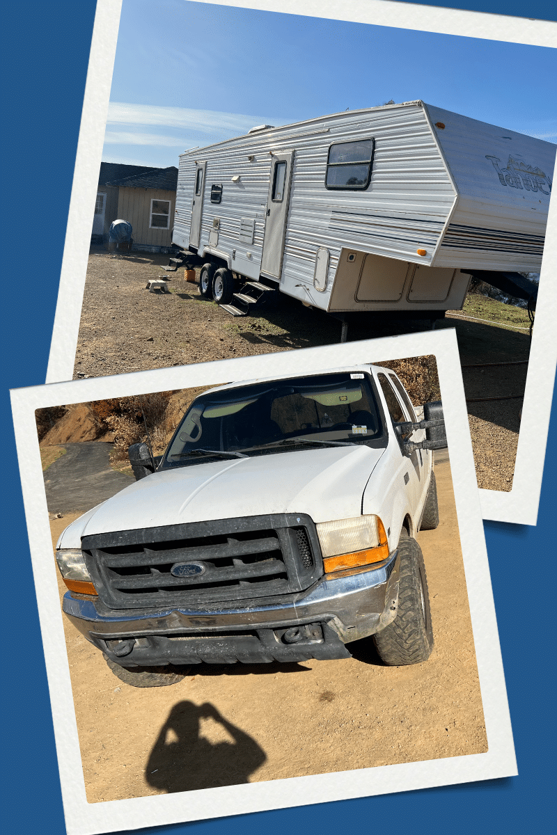 Depicts two graphics styled to look like polaroid photos. One is of a trailer and the other a pickup truck.