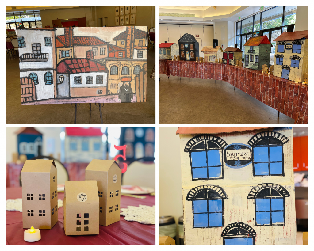 A collage of four photos shows finished, handcrafted shtetl props. It is a meticulously crafted and painted traditional village.