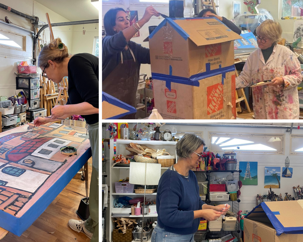 Three photos in a collage depicting volunteers crafting shtetl props out of cardboard and paint.