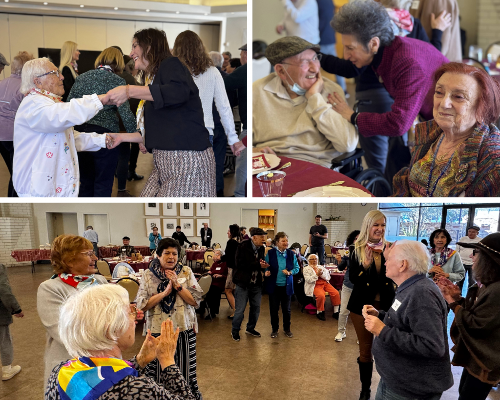 A collage of three photos depicts older adults laughing, smiling, and dancing in a venue hall.