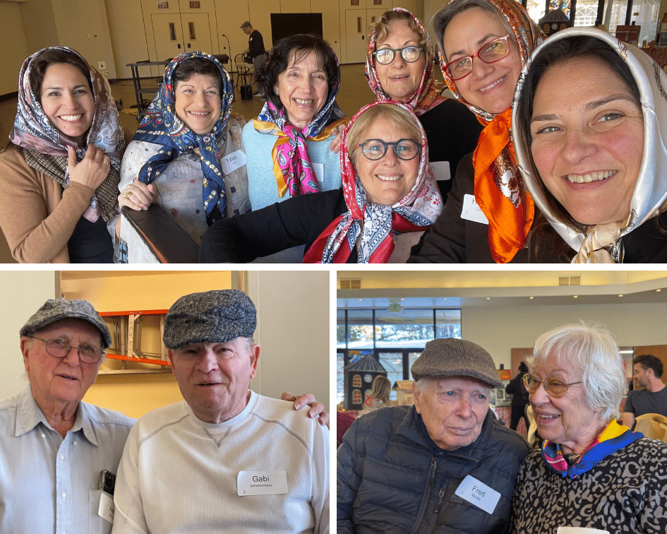 A collage of three photos depicts people smiling and wearing traditional hats and colorful scarves.