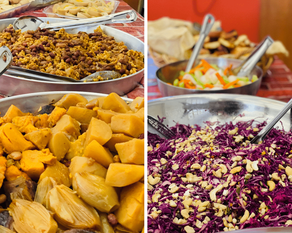 A collage of two photos depicts food being served. On the left, the various ingredients for tchulent. On the right are brightly colored veggies and a red cabbage slaw.